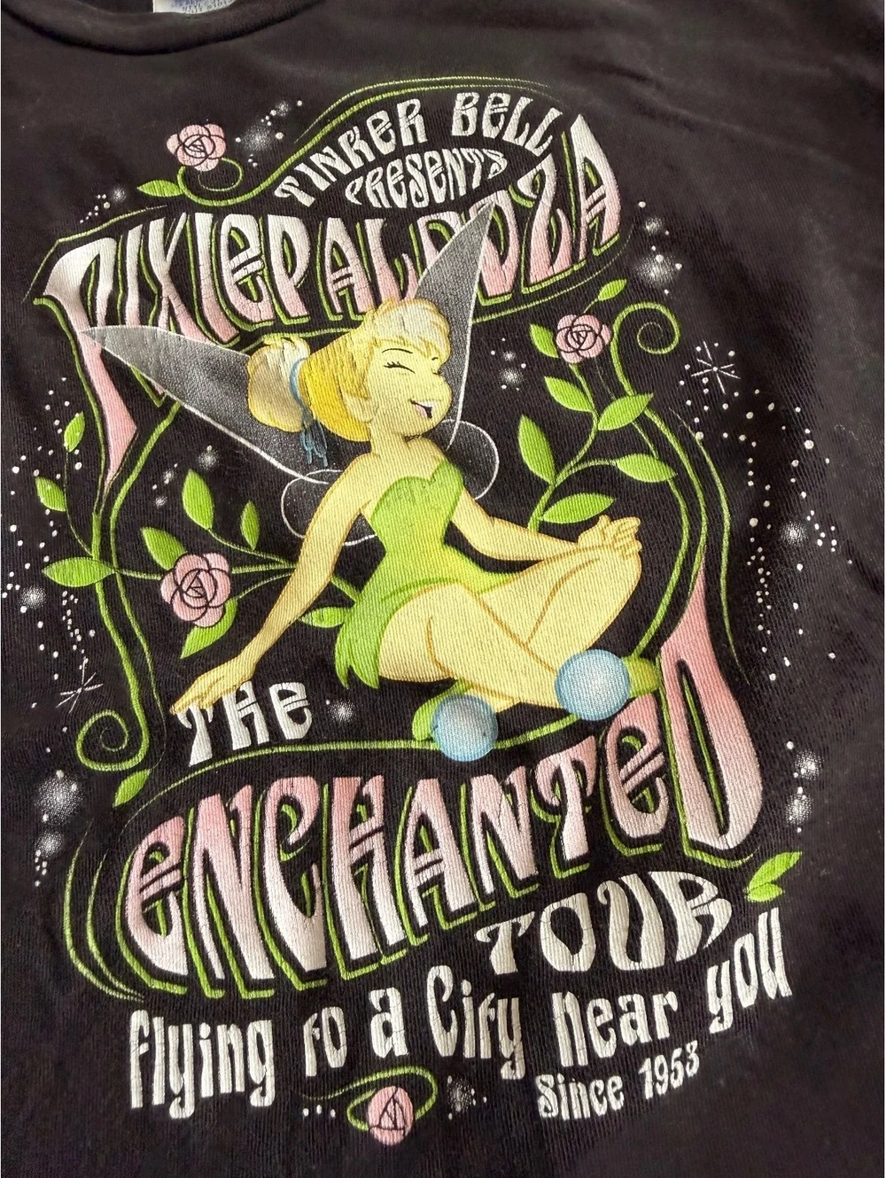 Y2K Disney Tinker Bell Pixiepalooza Tour Black Tee Youth Medium (8/10)
